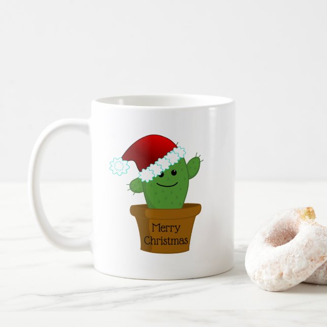 Caneca De Café Cactus de Natal num Chapéu Santa (Com Donut)