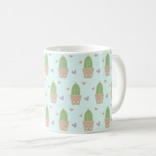 Caneca De Café Cactus e Corações Cute Kawaii