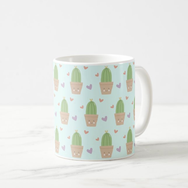 Caneca De Café Cactus e Corações Cute Kawaii (Frente Esquerda)