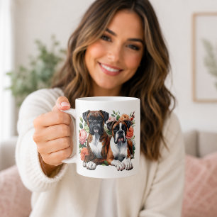 Caneca De Café Cães Boxer E Flores