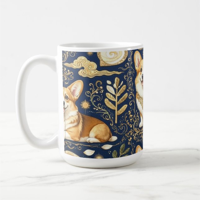 Caneca De Café Cães Corgi Elegantes com Padrão Dourado Damask Azu (Esquerda)