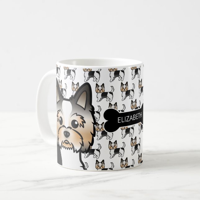 Caneca De Café Cães de Cartoon de Terrier com Osso do Cão e Nome (Frente Esquerda)