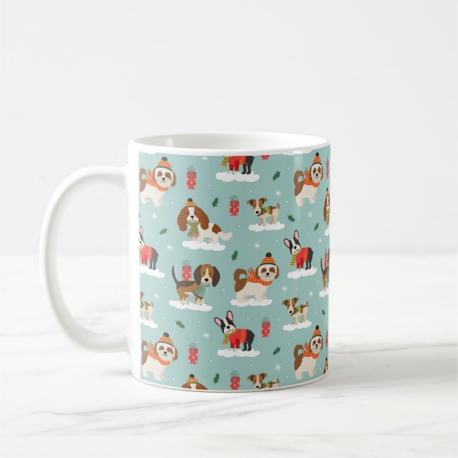 Caneca De Café Cães de Natal no Padrão Cozy Scarves (Esquerda)