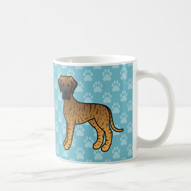 Caneca De Café Cães Great Dane Cartoon Brindle em Azul (Direita)