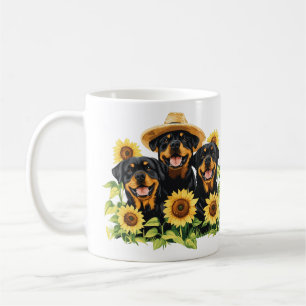 Caneca De Café Cães Rottweiler Rodeados Por Girassóis