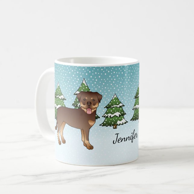 Caneca De Café Cães Rottweiler Vermelhos e Marrons em uma Florest (Frente Esquerda)