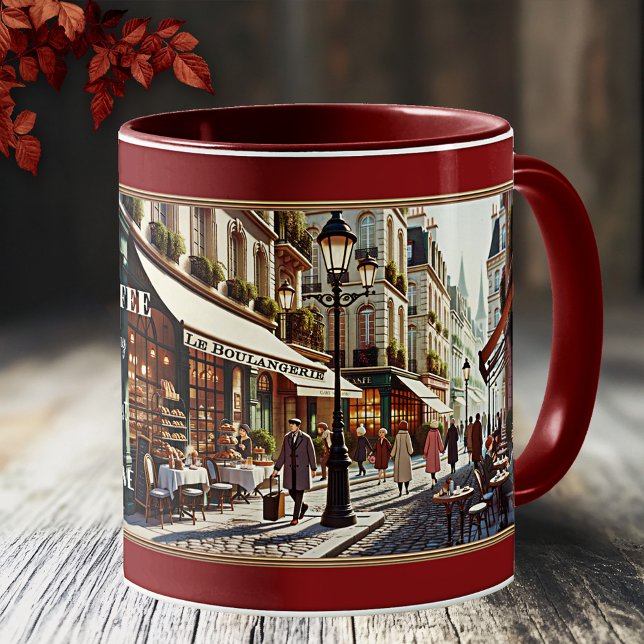 Caneca De Café Café Amor França Retro Bakery Paris (Mug featuring a French city scene in retro style with coffee shops and bakeries)