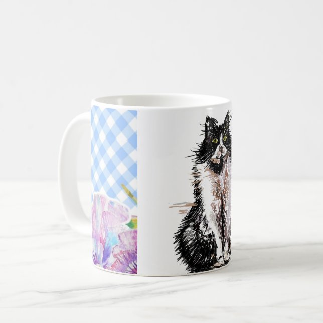Caneca De Café Café branco-preto, com traje de gato, café (Frente Esquerda)