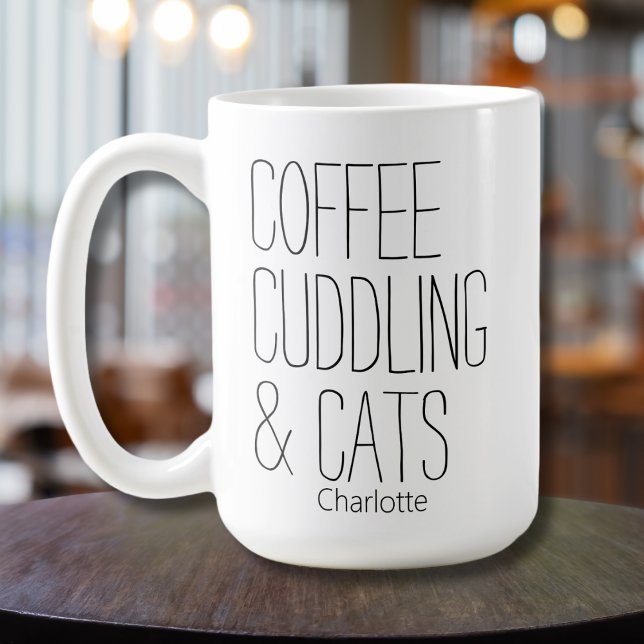 Caneca De Café Café Cuddling & Cats Adicionar Nome (Criador carregado)