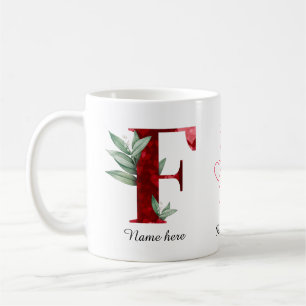 Caneca De Café Café E com Letra Floral Coração Vermelho Elegante