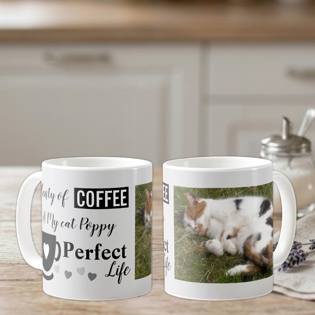 Caneca De Café Café e meu gato vida perfeita foto preta e cinza (Criador carregado)