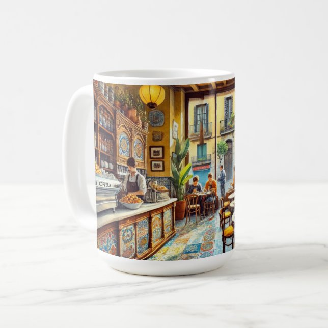 Caneca De Café Café em Barcelona Espanha Watercolor Painting (Frente Esquerda)