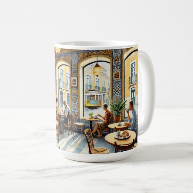 Caneca De Café Café em Lisboa Yellow Tram Watercolor (Frente Esquerda)