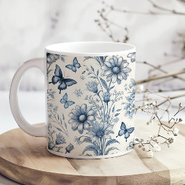 Caneca De Café Café Floral e Borboleta Azul e White Vintage