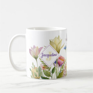 Caneca De Café Café Ilustrado com Flor Selvagem Colorida Monogram