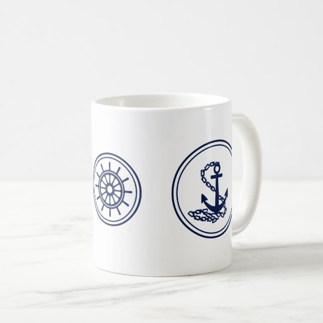 Caneca De Café Café Marítimo, Ancoragem Azul E Roda Do Navio (Frente Esquerda)