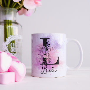 Caneca De Café Café Monograma Letra Preta Floral Rosa Roxo L
