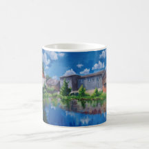 Café Mu Clássico Pintura do Lago da Paisagem Rural