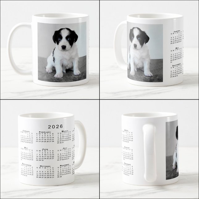 Caneca De Café Calendário de Foto Pet Personalizada 2026 (Custom Pet Photo 2026 Calendar Coffee Mug, multiple views)