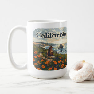 Caneca De Café California Bear Poppies Flores Retro