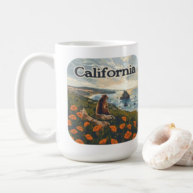 Caneca De Café California Bear Poppies Flores Retro (Com Donut)