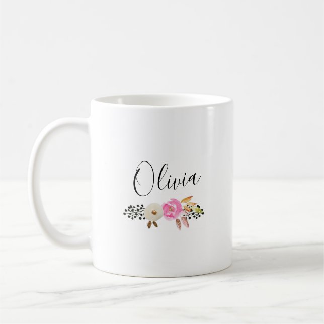 Caneca De Café Caligrafia Floral Moderna Nome (Esquerda)