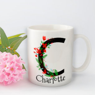 Caneca De Café Cama de café monograma de flores silvestres vermel