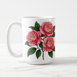 Caneca De Café Camélias Rosa Florindo Com Folhas Verdes
