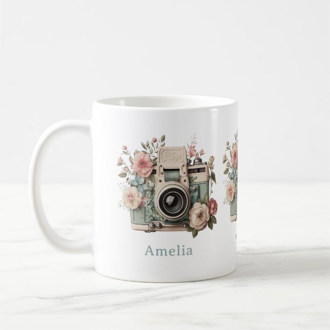 Caneca De Café Câmera com Imagem Retro Pastel de Flores (Esquerda)