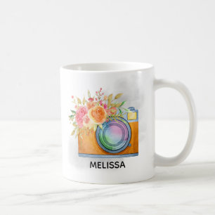 Caneca De Café Câmera Laranja Boho e Buquê Floral Aquarela