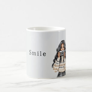 Caneca De Café Câmera Sorriso Suéter Menina Negra