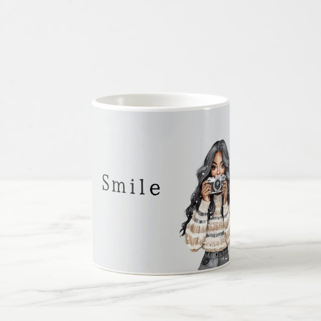 Caneca De Café Câmera Sorriso Suéter Menina Negra (Centro)