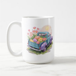 Caneca De Café Caminhão Retro Azul Turquesa e Roxo com Ovos de Pá