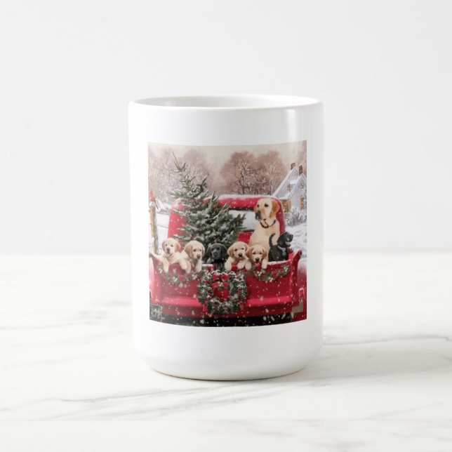 Caneca De Café Caminhão Vermelho, Retro, Bonito De Natal Com Cães (Centro)