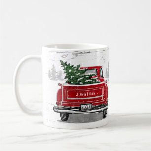 Caneca De Café Caminhão Vermelho Vintage com a Árvore natalíci