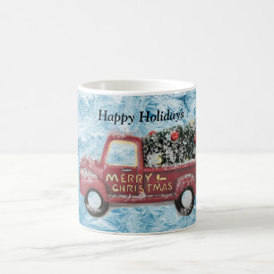 Caneca De Café caminhão vintage vermelho em um fundo de floco de
