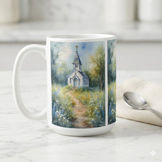 Caneca De Café Caminho Rústico da Igreja em Prado de Flores Silve (Rustic Church Path in Wildflower Meadow Coffee Mug On Kitchen Counter)