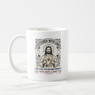 Caneca De Café Camisa de Jesus Costurando Bordado Gráfico Cristão