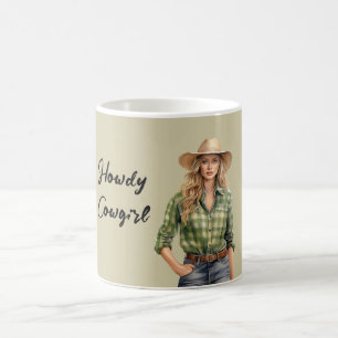 Caneca De Café Camisa Xadrez Verde Olá Loira Cowgirl Feminina