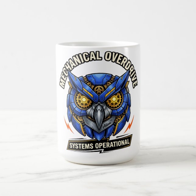 Caneca De Café Camiseta de Coruja Cyberpunk com Overdrive Mecânic (Centro)