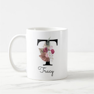 Caneca De Café Camiseta Floral Boho Cor-de-Rosa com Inicial Monog