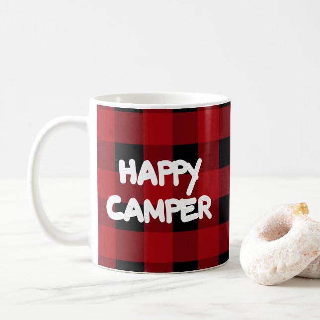 Caneca De Café Campanha Feliz da Xadrez de Buffalo Vermelha e Neg (Com Donut)