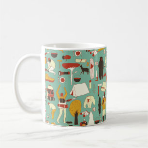 Caneca De Café Camping desenhado à mão, padrão retrô sem costura.