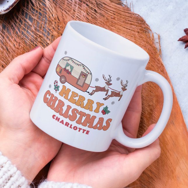 Caneca De Café Camping Merry Christmas Reindeer Nome Personalizad (Criador carregado)