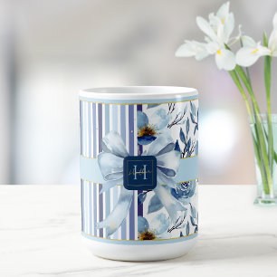 Caneca De Café Campo Algodão Monograma Arco Floral Branco Azul