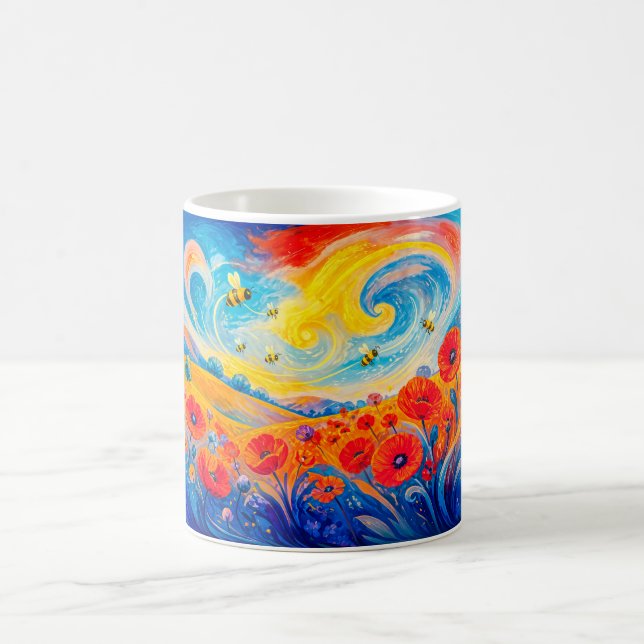 Caneca De Café Campo de papoulas vermelhas e azuis abstratas com  (Centro)