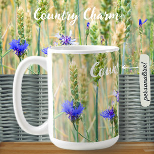 Caneca De Café Campo de trigo de Verão com flores azuis