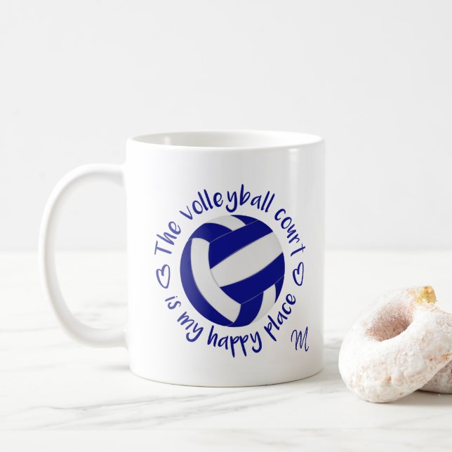 Caneca De Café campo de vôlei branco azul é meu lugar feliz (Com Donut)