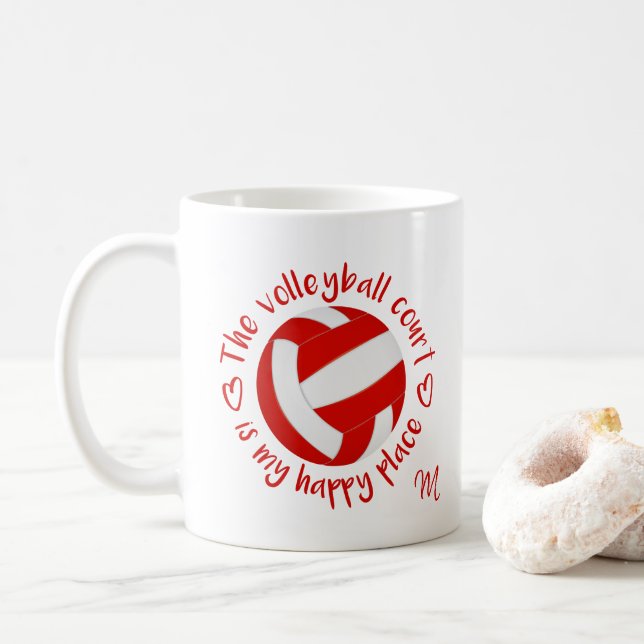 Caneca De Café campo de vôlei branco vermelho é meu lugar feliz (Com Donut)