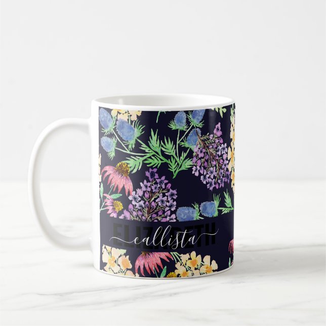 Caneca De Café Campo Flores Florais Aquarela Monograma (Esquerda)